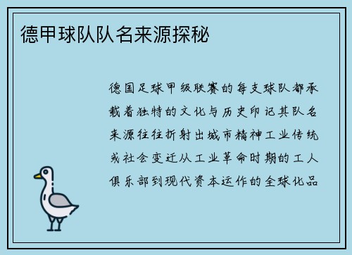 德甲球队队名来源探秘