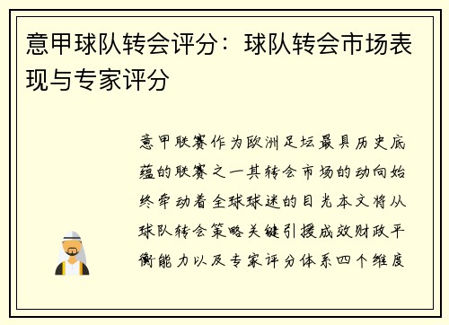 意甲球队转会评分：球队转会市场表现与专家评分